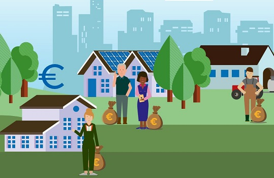 waterschapsbelasting: illustratie van huizen met bewoners en geldzakjes