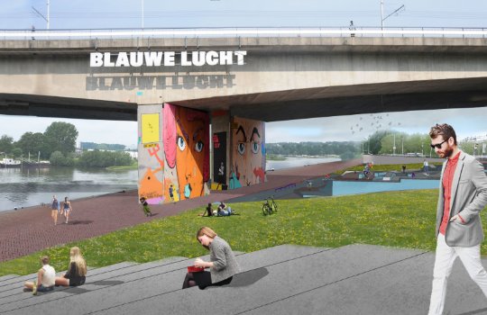 Computergetekend beeld van de nieuwe situatie van de de Rijnkade in Arnhem. Met daarop en viaduct en een skatebaan.