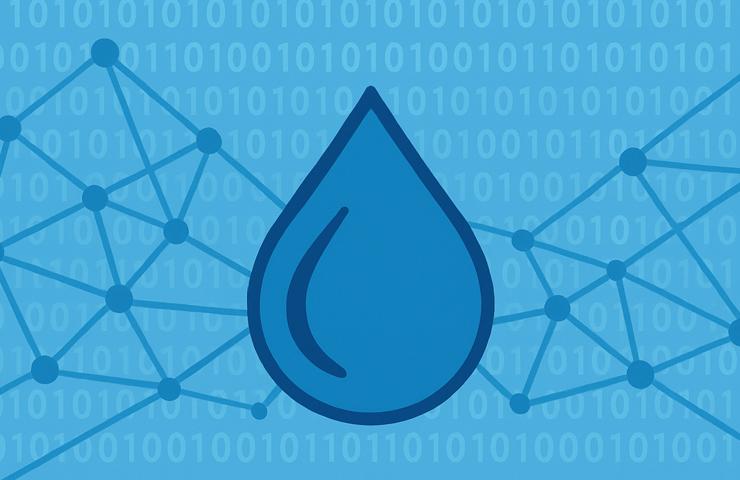Symbolisch beeld van een blauwe waterdruppel tegen een achtergrond van binaire code en netwerkstructuren, dat de datagedreven werkwijze van waterschappen visualiseert.