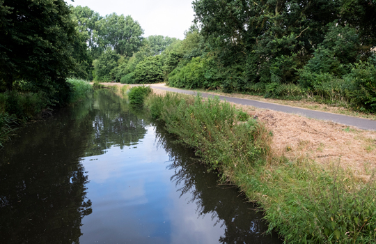Smalle watergang langs een fietspad, omgeven door groene struiken en bomen. De waterstand lijkt laag en de begroeiing aan de oever toont verdorde, bruine stukken gras, wat duidt op aanhoudende droogte.