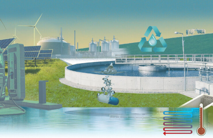 afbeelding-cover-Klimaatmonitor-Waterschappen. Illustratie van RWZI met recycle logo en een pil die in het water valt