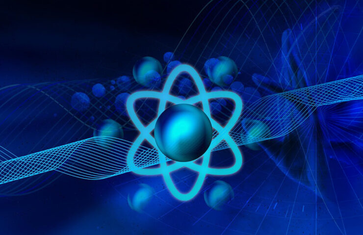 Abstracte illustratie van een blauw gloeiend atoomsymbool met elektronenbanen en energiegolven, als verbeelding van quantumtechnologie.